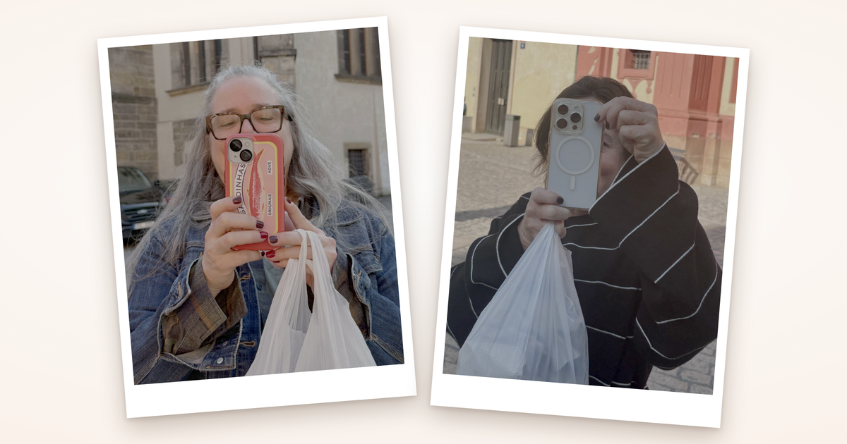 Two prints side by side: two family members on a cobblestone square in Eastern Europe, each holding up a phone to take a picture of the other.