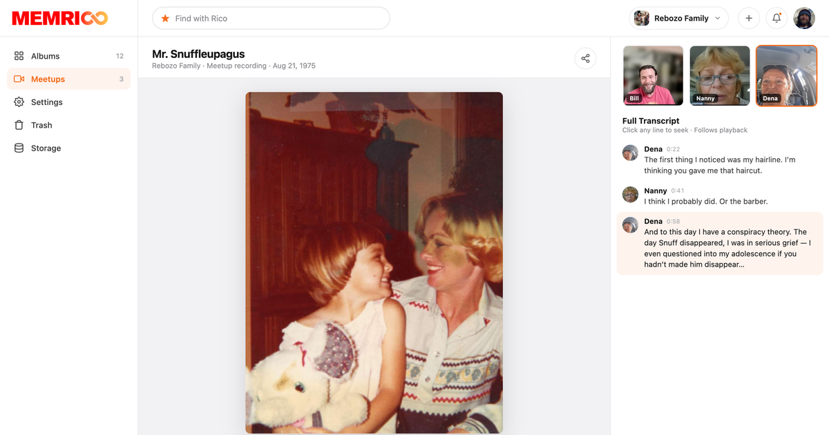 A Memrico meetup recording of a 1975 photo of a mother and daughter with a stuffed animal, with the family's transcript of the story alongside.